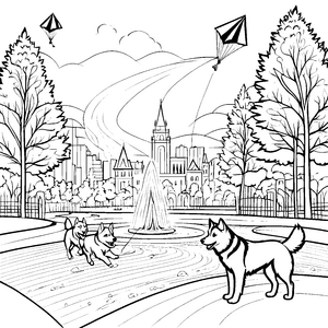 Hüpfende Huskys am sprudelnden Brunnen Ausmalvorlage für abenteuerlustige Fellfreunde