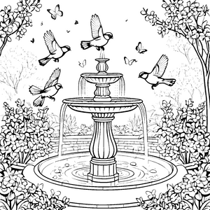 Vereinte Vögel am sprudelnden Brunnen Ausmalbild für verliebte Künstler