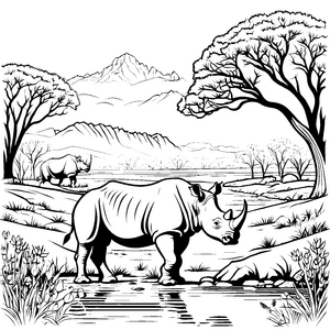 Rasantes Nashorn am frischen Wasser Ausmalvorlage für mutige Naturforscher
