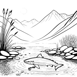 Schimmernder Lachs im glitzernden Fluss Ausmalvorlage für kleine Naturforscher