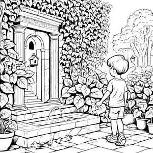 Bezaubernder Junge im Efeu-Garten Ausmalbild für kleine Naturfreunde