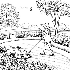 Fröhlicher Rasenmäher in der blühenden Gartenlandschaft Ausmalmotiv für neugierige kleine Gärtner