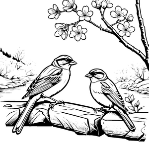 Zwei fröhliche Vögel auf blühendem Ast Ausmalvorlage für neugierige kleine Naturfreunde