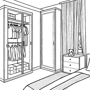 Praktischer Garderobenschrank mit bunten Kleidern Ausmalbild für faule Träumer