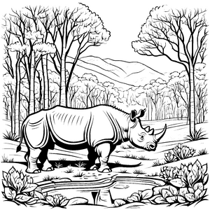 Starkes Nashorn an klarer Wasserstelle Ausmalvorlage für mutige Naturentdecker