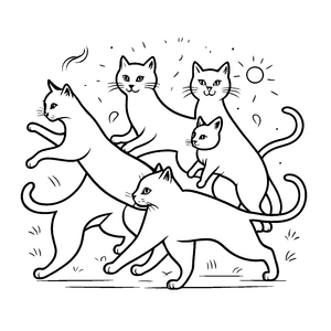 Lustige Katzen beim fröhlichen Herumtollen Ausmalbild für kleine Tierabenteurer
