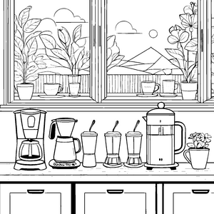Kreative Kaffeemaschinen in heller Küchenszene Ausmalbild für angehende Baristas