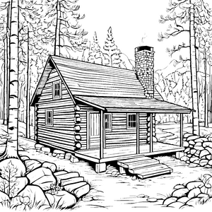 Gemütliches Holzhaus im Wald Ausmalbild für kleine Naturentdecker