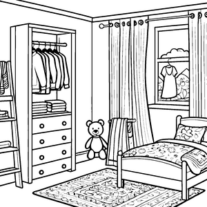 Bezaubernder Garderobenschrank mit Kuschelbär Ausmalvorlage für kreative Zimmergestalter