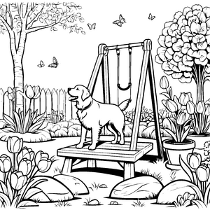 Begeisterter Golden Retriever spielt im Garten Ausmalvorlage für fröhliche Tierfreunde