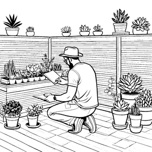 Kreativer Pflanzenliebhaber bei der Gartenarbeit Ausmalbild für fantasievolle Naturfreunde