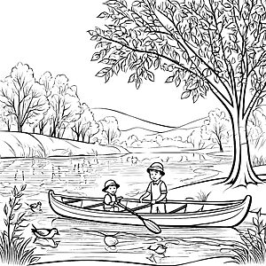 Faszinierendes Paddelboot-Abenteuer auf dem ruhigen See Ausmalbild für kleine Naturentdecker