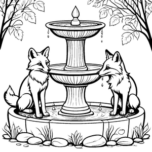 Fuchs-Duo am sprudelnden Brunnen Ausmalbild für neugierige Tierfreunde