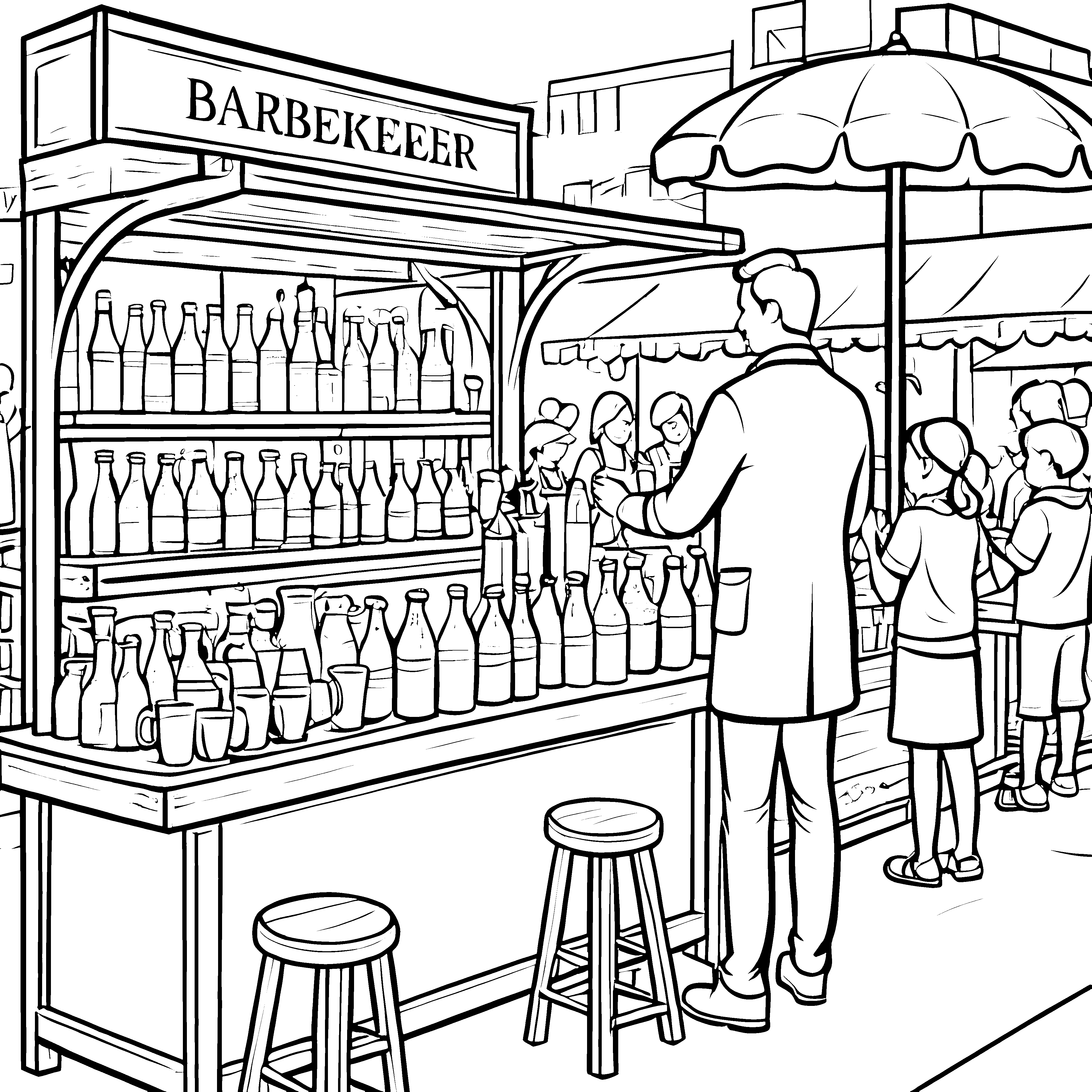 Begeisterter Barkeeper mit spritzigen Getränken Malvorlage für fröhliche Kinder