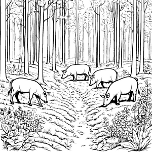 Wilde Wildschweine auf fröhlicher Futterwanderung Ausmalbild für neugierige Naturentdecker