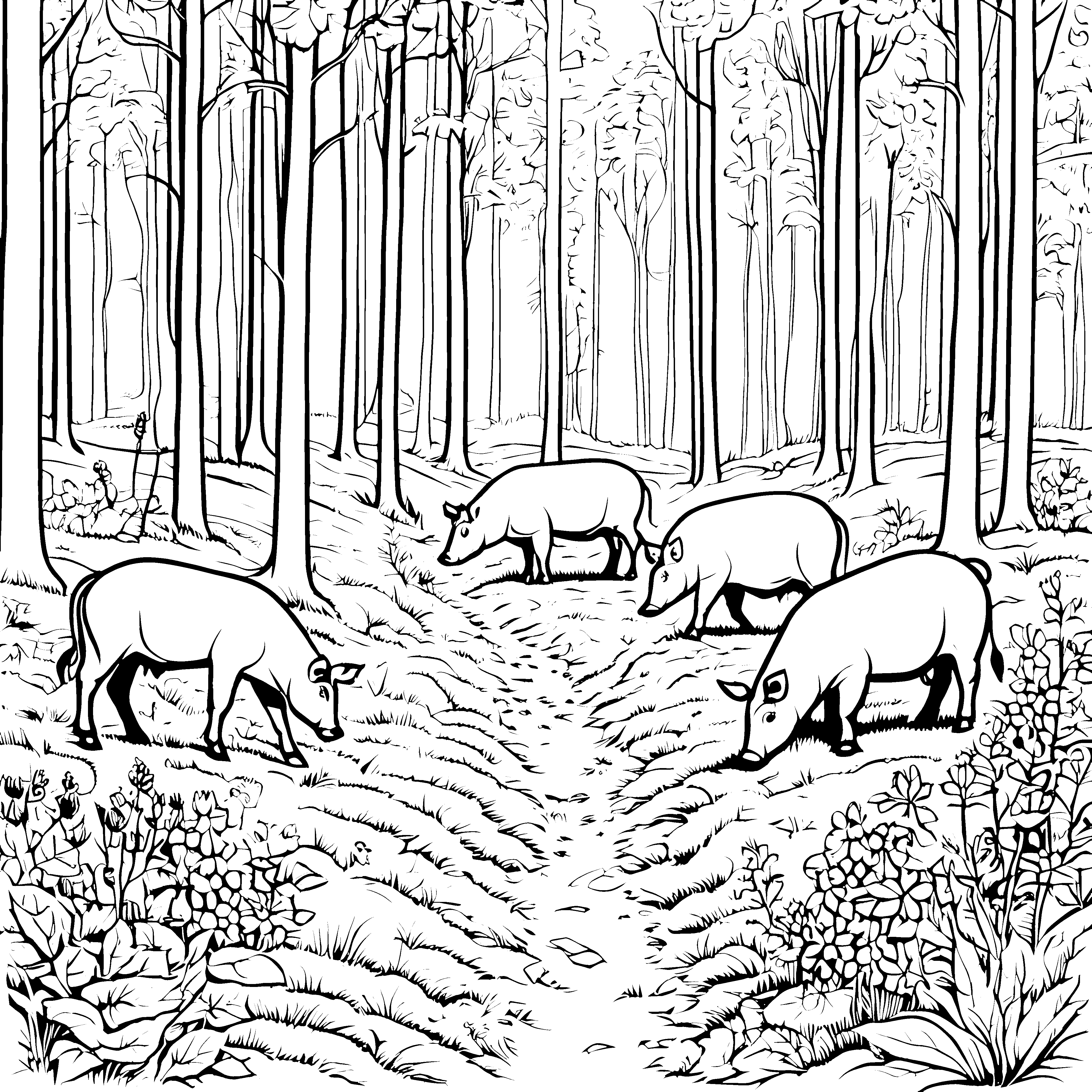 Wilde Wildschweine auf fröhlicher Futterwanderung Ausmalbild für neugierige Naturentdecker