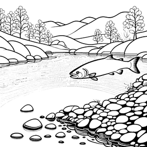 Spritziger Lachs im klaren Fluss Malvorlage für kleine Wasserfreunde