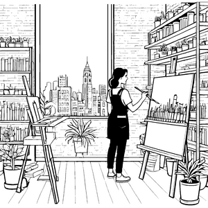 Kreative Künstlerin im Atelier mit Stadtblick Ausmalvorlage für fantasievolle Maler