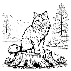 Majestätische norwegische Waldkatze auf Baumstumpf Ausmalmotiv für abenteuerlustige Tierfreunde