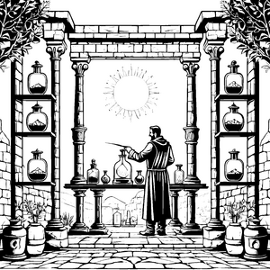 Faszinierender Alchemist in geheimnisvoller Werkstatt Ausmalbild für neugierige Erfinder