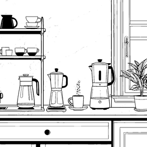 Kaffeemaschinen in der sonnigen Küche Ausmalbild für kleine Genießer