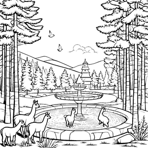Entspanntes Alpaka am plätschernden Brunnen Ausmalmotiv für neugierige Naturerkunder