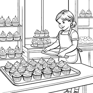 Verspielte Cupcakes in bunter Backstube Ausmalbild für kleine Frischbäcker