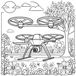 Spannende Drohne über blühendem Garten Ausmalmotiv für kleine Technikfans