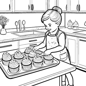 Leckere Cupcakes im bunten Küchenparadies Ausmalbild für kleine Meisterbäcker