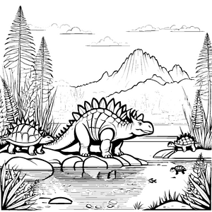 Großer Stegosaurus am glitzernden See Ausmalbild für abenteuerliche Entdecker