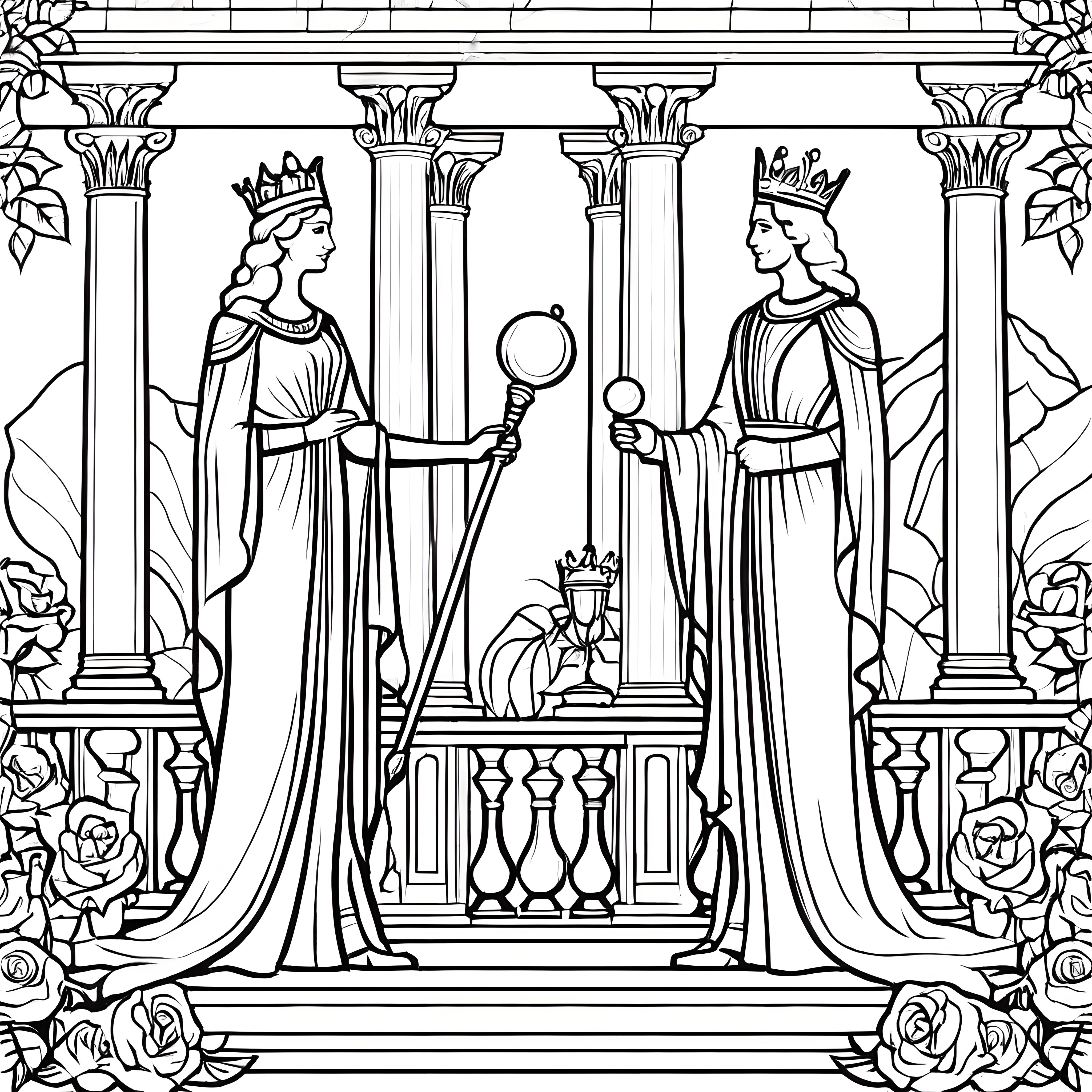 Majestätische Königinnen im Palastgarten Ausmalvorlage für fantasievolle Künstler