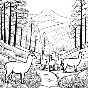 Fünf neugierige Alpakas im blühenden Tal Ausmalbild für kleine Abenteurer