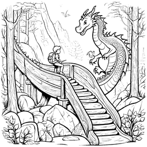 Abenteuerlicher Drache auf der Holztreppe Ausmalbild für mutige Entdecker