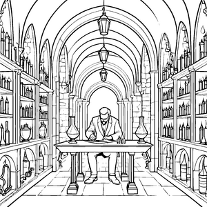 Geheimnisvoller Alchemist bei magischen Kräutern Ausmalvorlage für neugierige Wissenschaftler