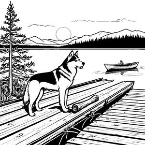 Abenteuerlicher Husky am malerischen Seeufer Ausmalvorlage für neugierige Entdecker