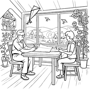 Gemütliche Bastelstunde mit Großeltern im Wintergarten Ausmalbild für kreative Entdecker