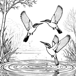 Spritzige Vögel beim kühlen Bad Malvorlage für kleine Wasserfreunde