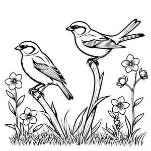 Zwei fröhliche Vögel auf bunten Blumen Ausmalbild für entspannte Naturfreunde