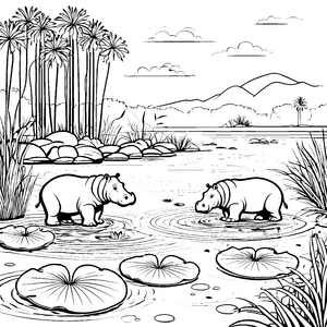 Verspielte Flusspferdchen im glitzernden Wasser Ausmalvorlage für kleine Tierforscher