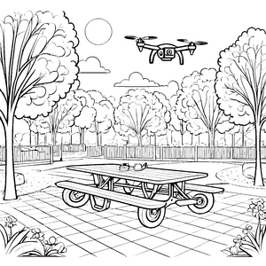Futuristische Drohne über dem bunten Park-Ausmalbild für neugierige Technikentdecker