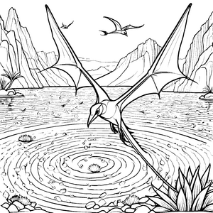 Fliegender Pteranodon über glitzerndem Wasser Ausmalvorlage für abenteuerlustige Entdecker