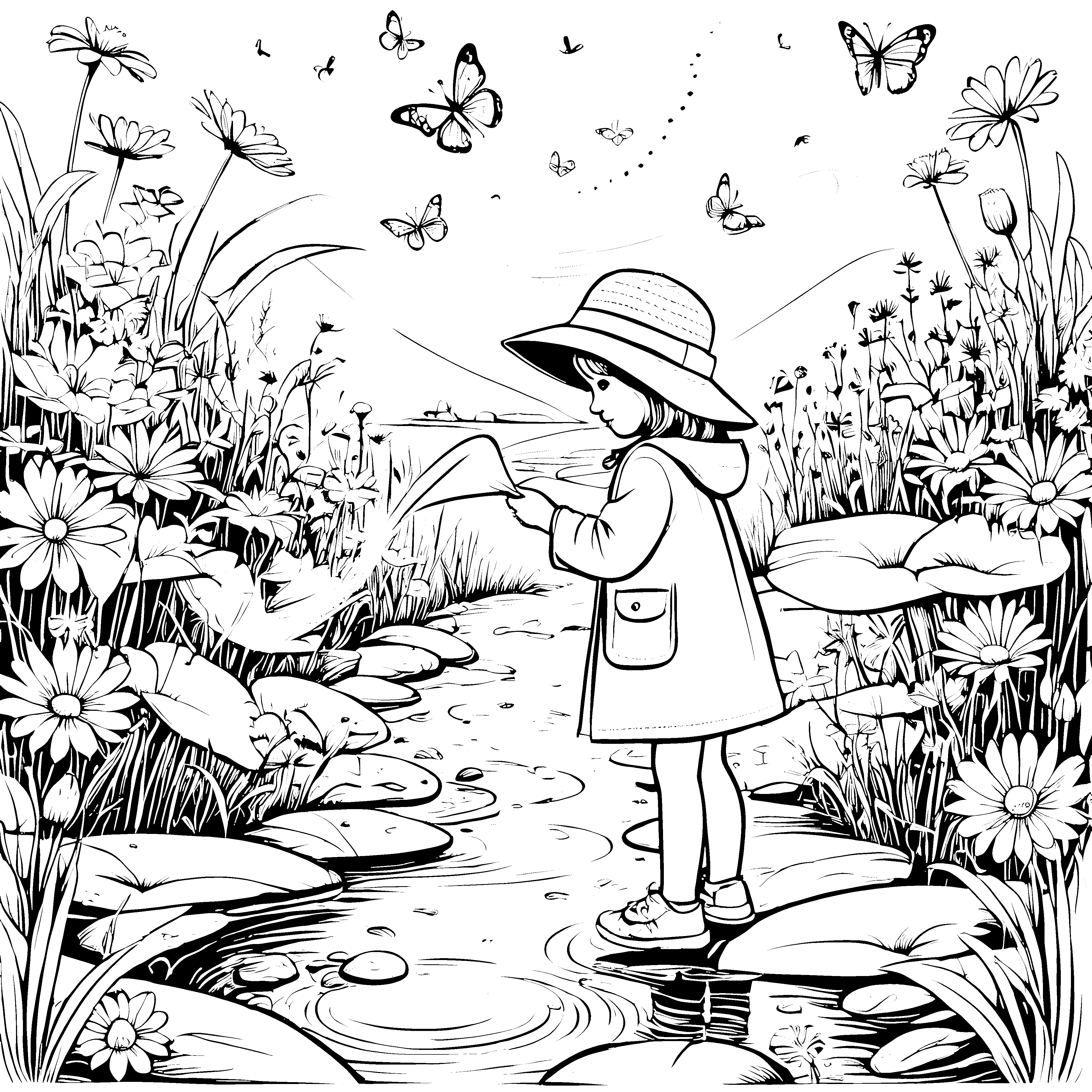 Fantasievolle Schmetterlinge über bunter Blumenwiese Ausmalbild für neugierige Entdecker