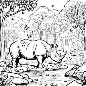 Majestätisches Nashorn am glitzernden Wasserfall Ausmalbild für mutige Naturfreunde