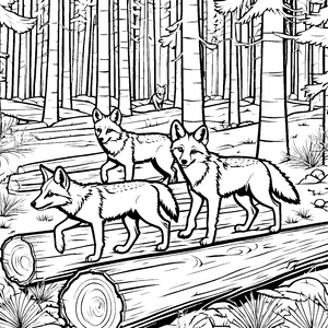 Verspielte Kojoten-Welpen im bunten Wald Ausmalbild für kleine Naturfreunde