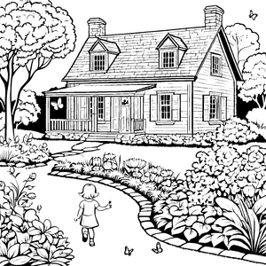 Sonniges Haus mit fröhlichem Garten Ausmalmotiv für kleine Entdecker