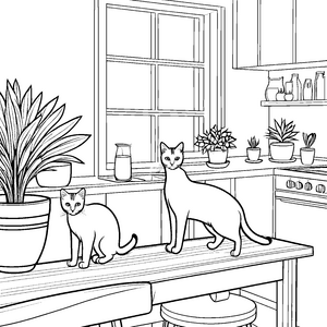 Katzenmama mit neugierigen Kätzchen im sonnigen Zimmer Ausmalvorlage für kreative Tierliebhaber