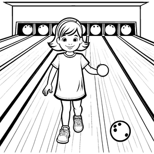 Fröhliches Mädchen beim Bowling mit buntem Ball Ausmalvorlage für junge Sportler
