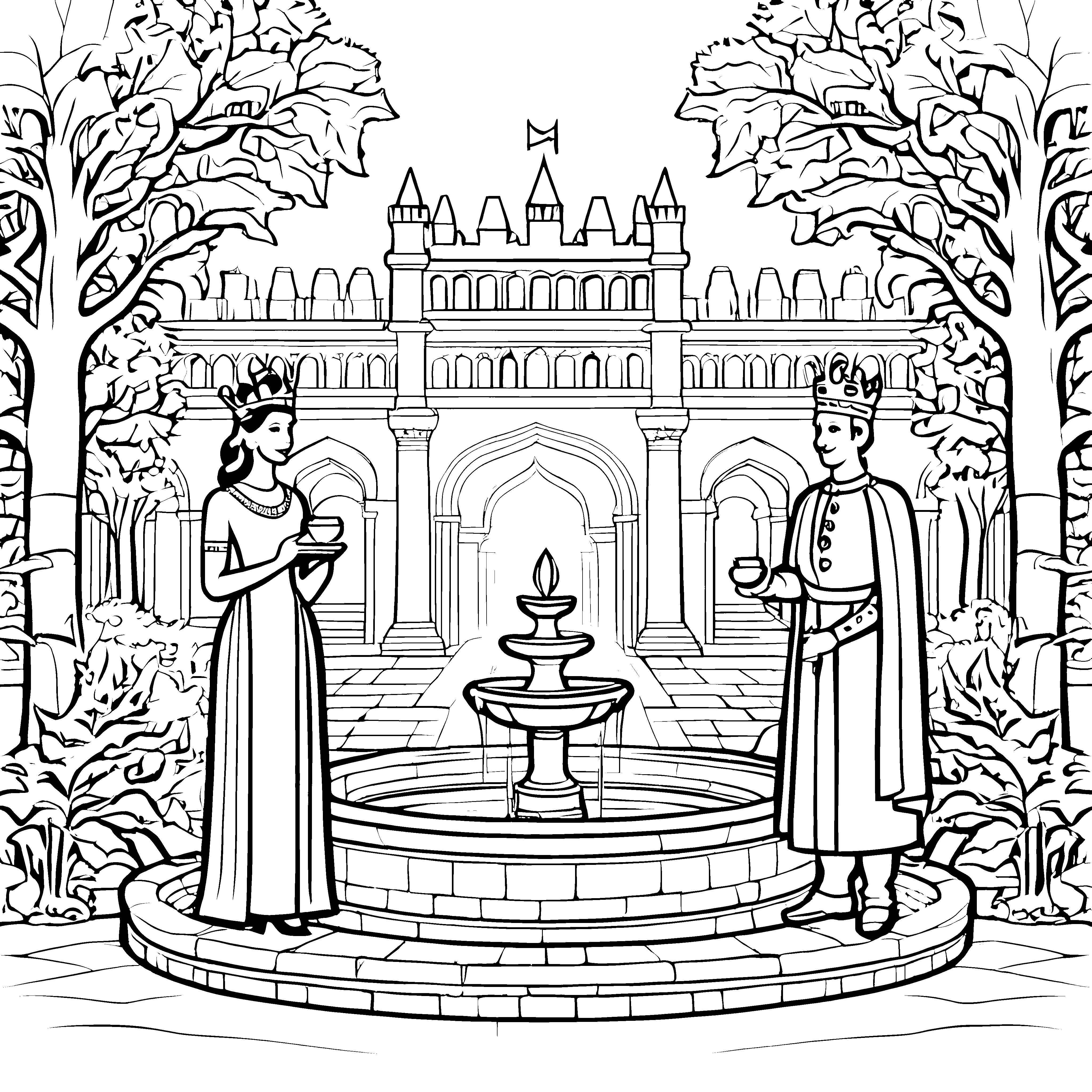Majestätisches Königspaar am sprudelnden Brunnen Ausmalvorlage für junge Königreiche-Entdecker