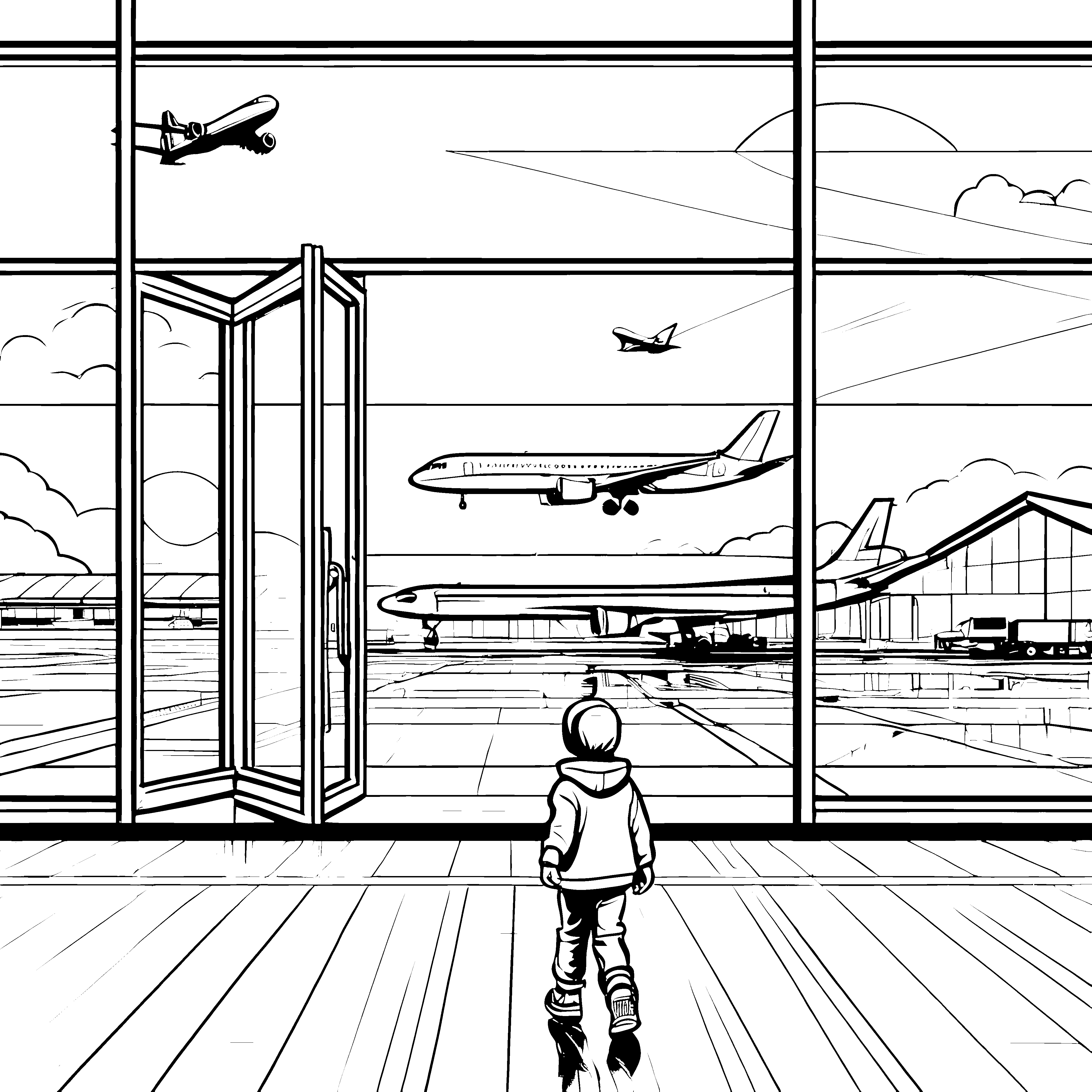 Flughafenlandschaft mit modernen Flugzeugen Ausmalbild für abenteuerlustige Entdecker