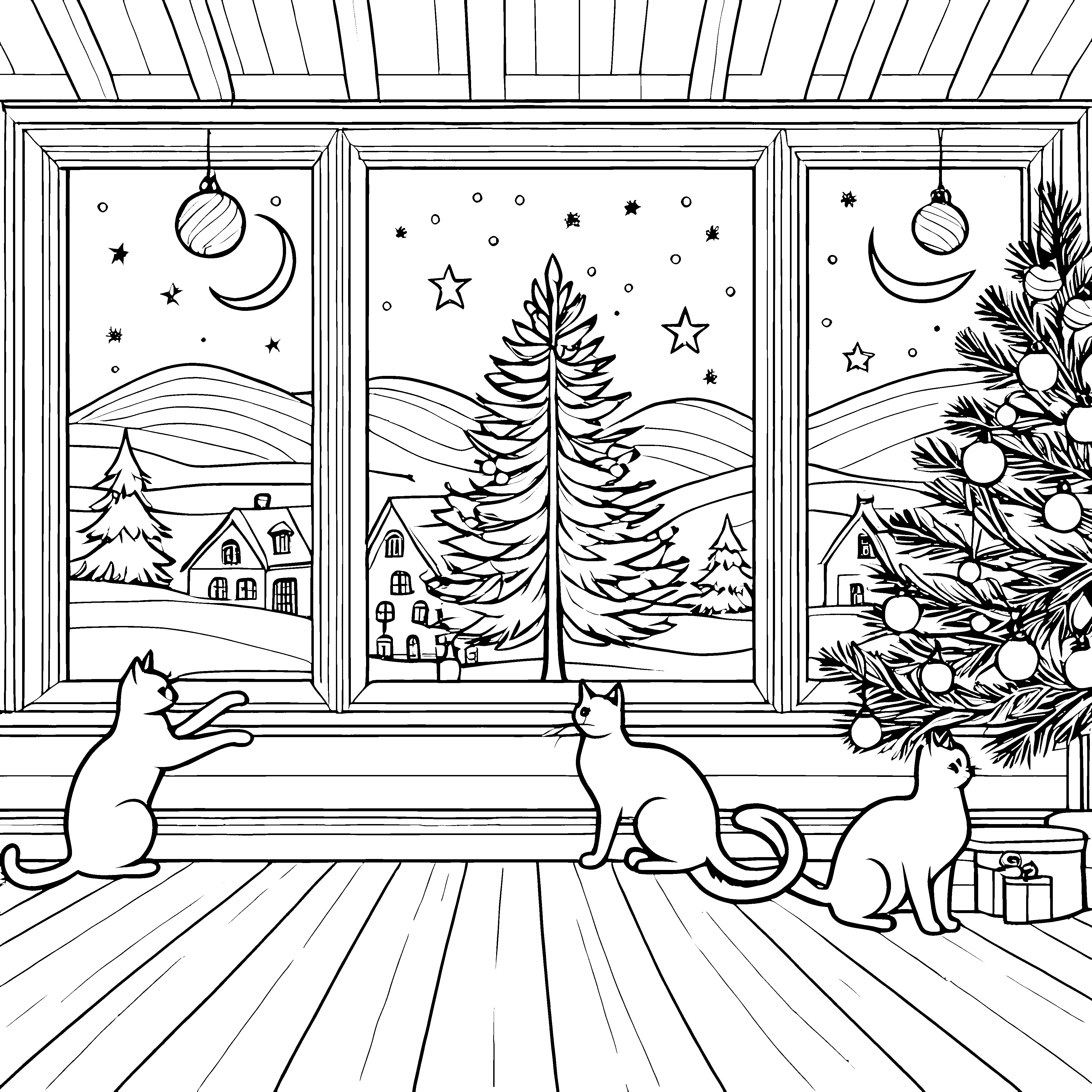 Weihnachtliche Katzen beim frostigen Fenster Ausmalvorlage für neugierige Tierfreunde